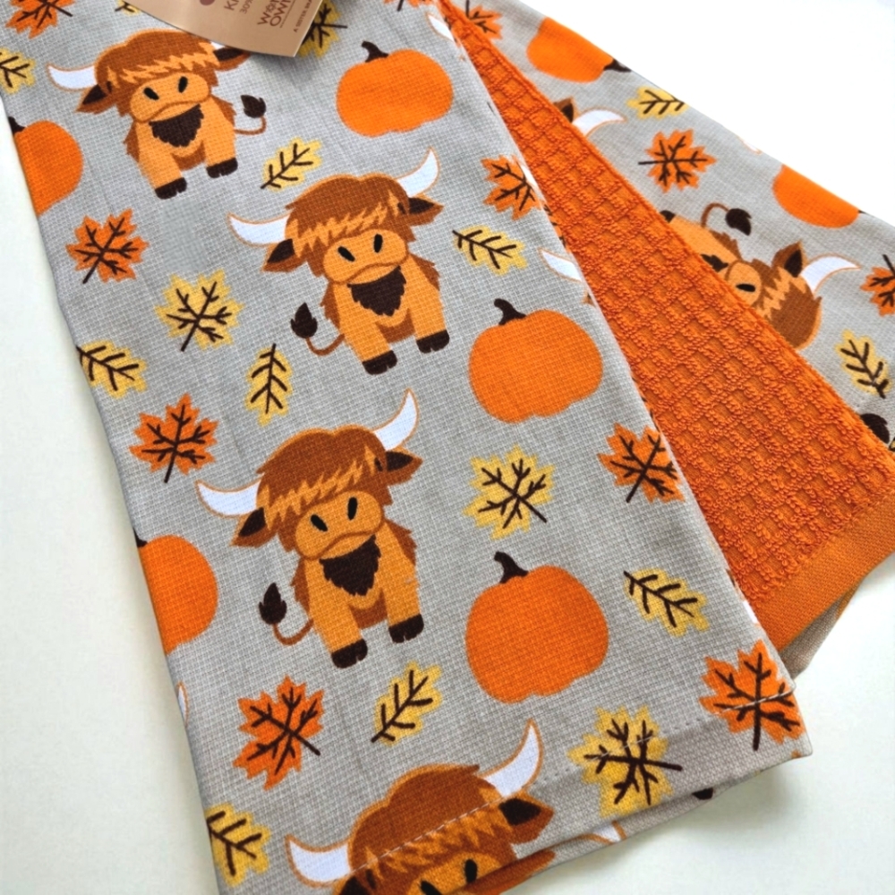 Casaba West Highland Cows Autumn Kitchen Towel Set of 3 Fall Halloween Farmhouse